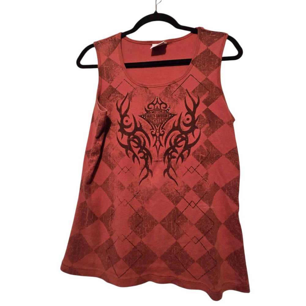 Vintage 2008 Harley Davidson Black Hills Tank Top Women's SM Burnt Orange Argyle